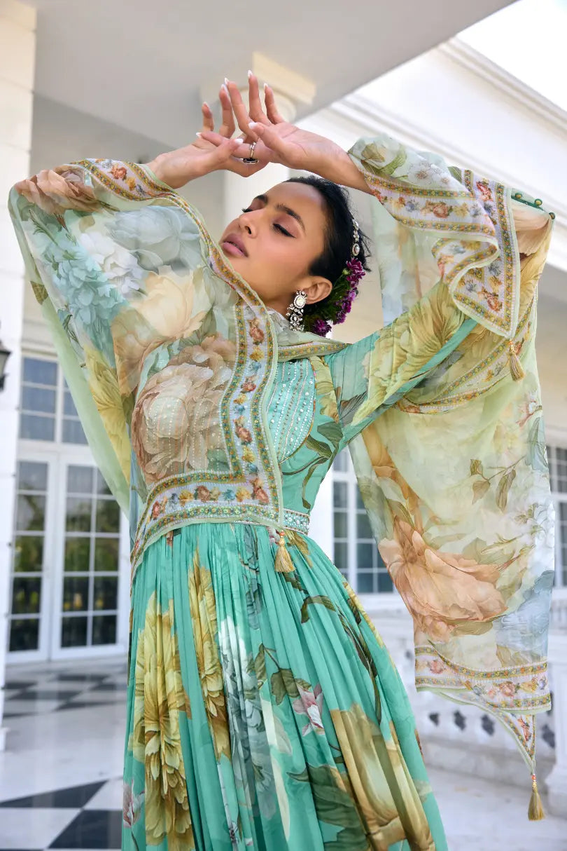 KALISTA - Tarini Anarkali Set Aqua Green