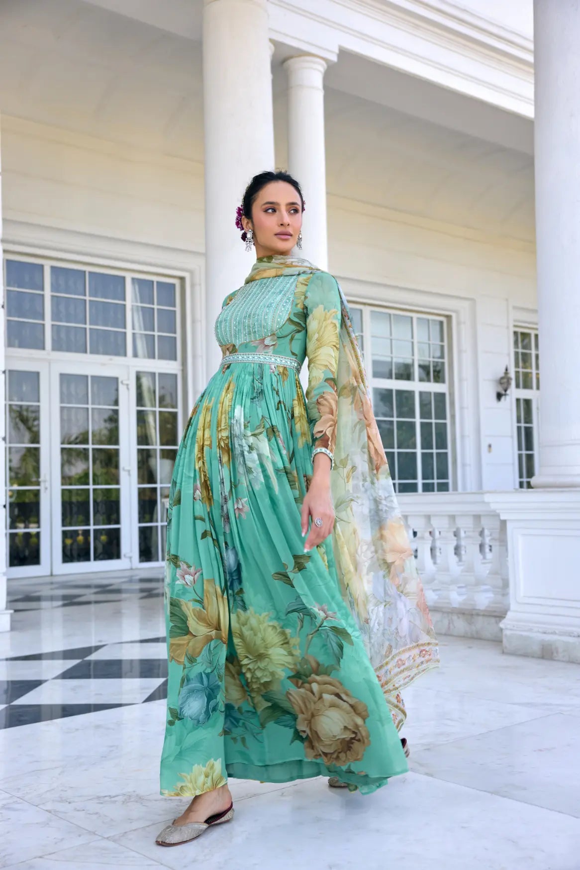 KALISTA - Tarini Anarkali Set Aqua Green