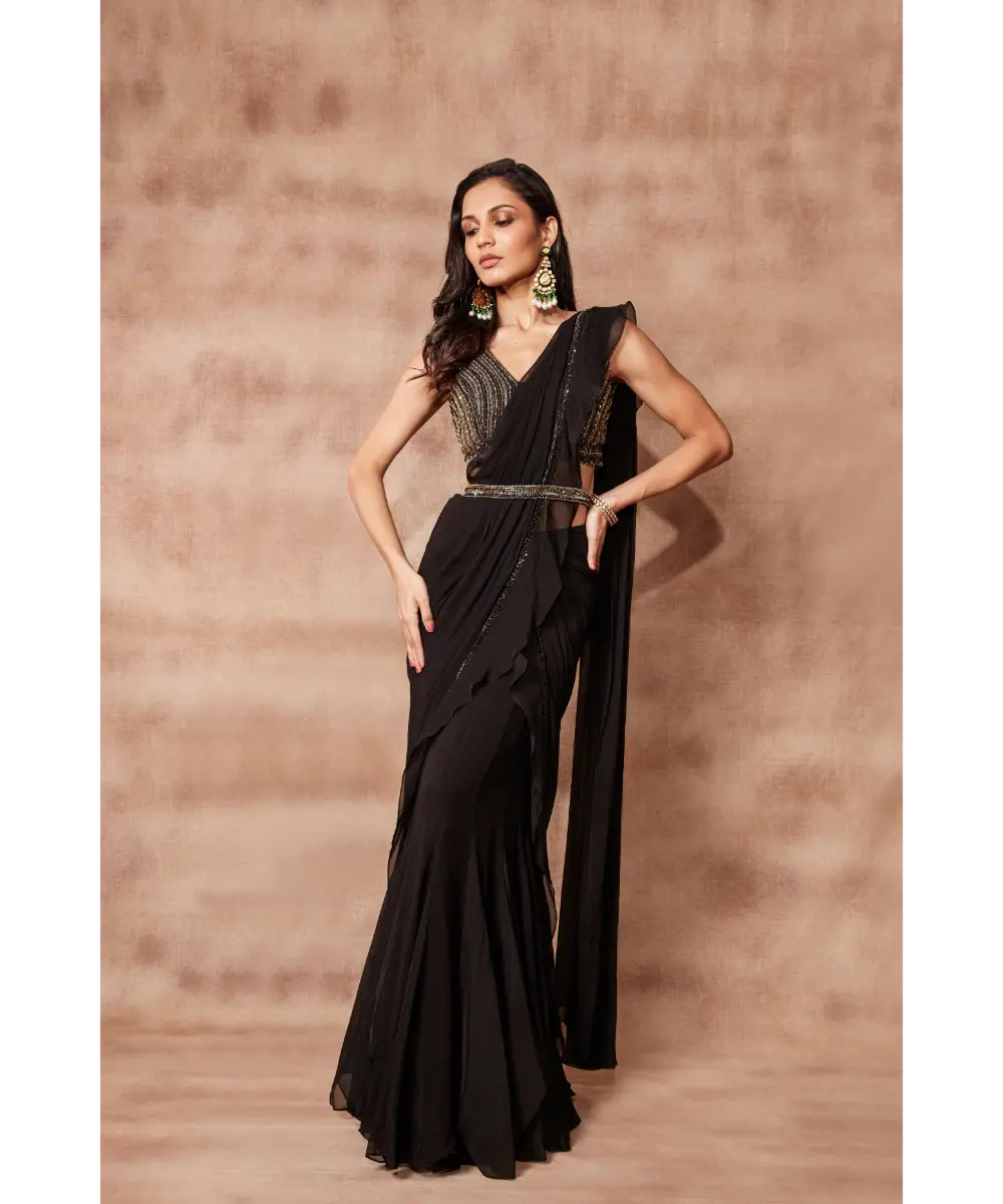 PRITIKA VORA - Black ruffle Panel Saree