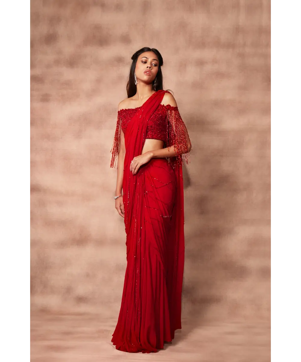 PRITIKA VORA - Flame red hand embroidered saree