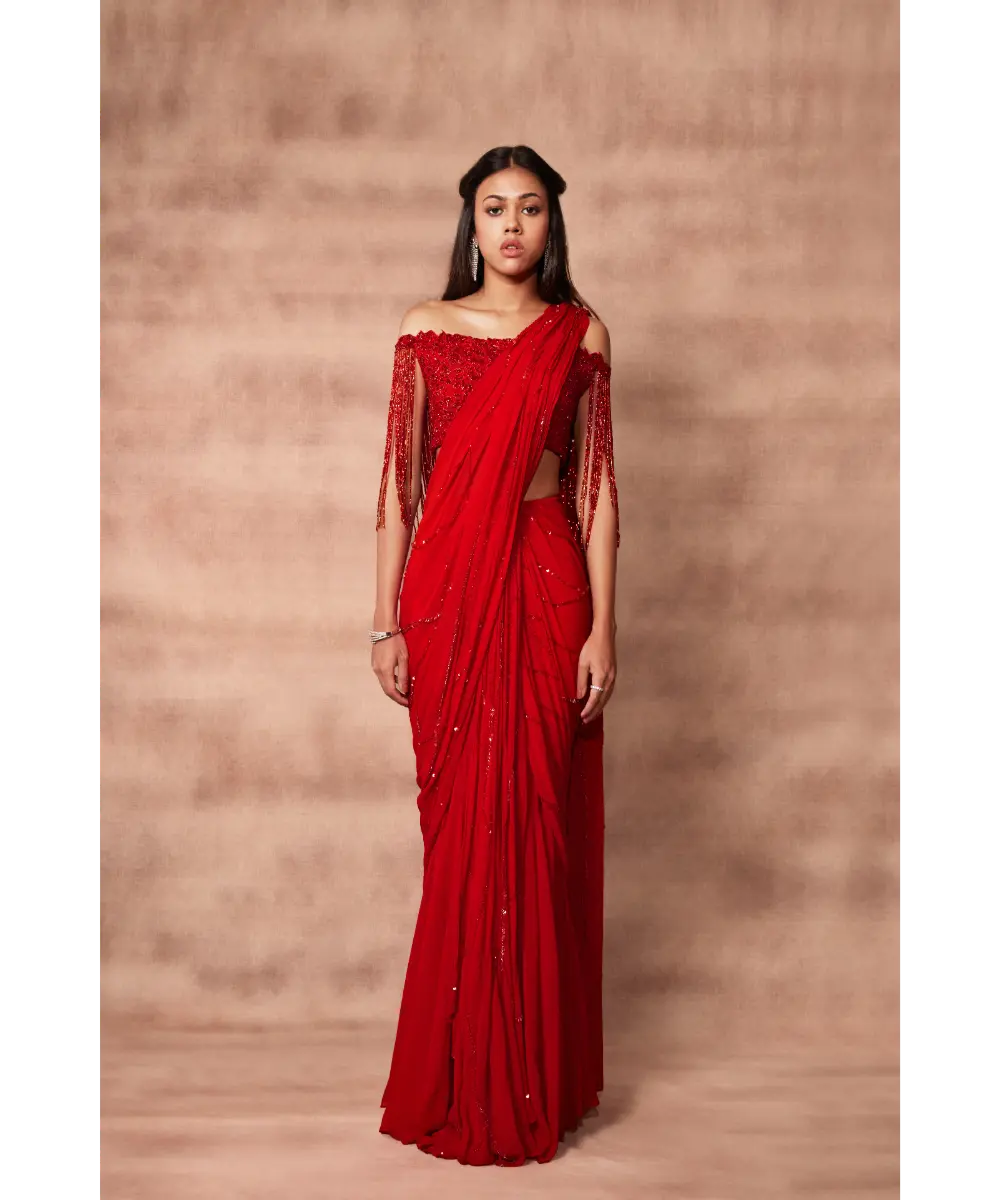 PRITIKA VORA - Flame red hand embroidered saree