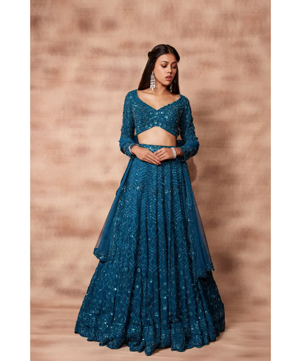 PRITIKA VORA - Peacock Green Hand Embroidered Lehenga