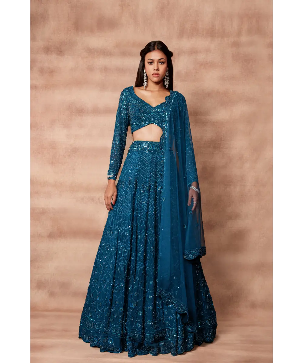 PRITIKA VORA - Peacock Green Hand Embroidered Lehenga