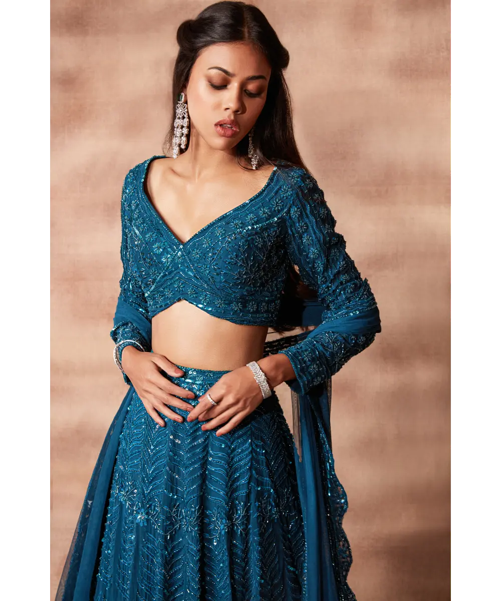 PRITIKA VORA - Peacock Green Hand Embroidered Lehenga