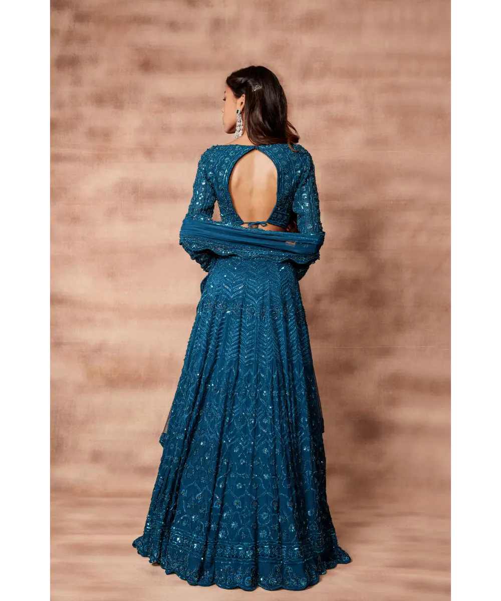 PRITIKA VORA - Peacock Green Hand Embroidered Lehenga