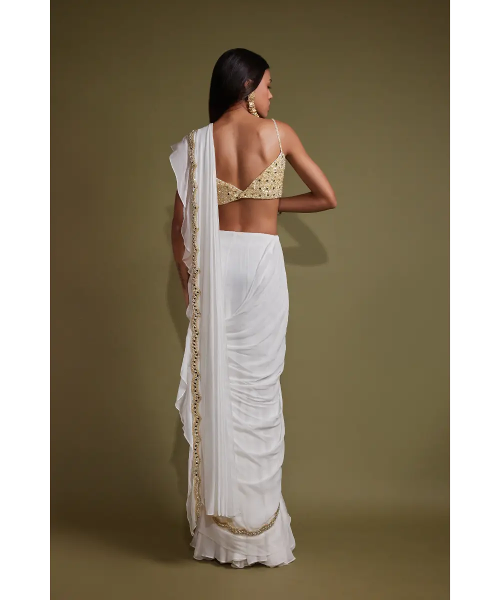 White mirror work ruffle saree