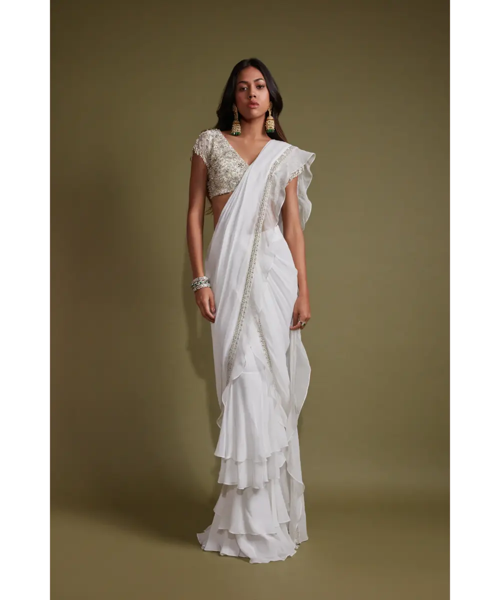 PRITIKA VORA - White layered saree with cap sleeve blouse