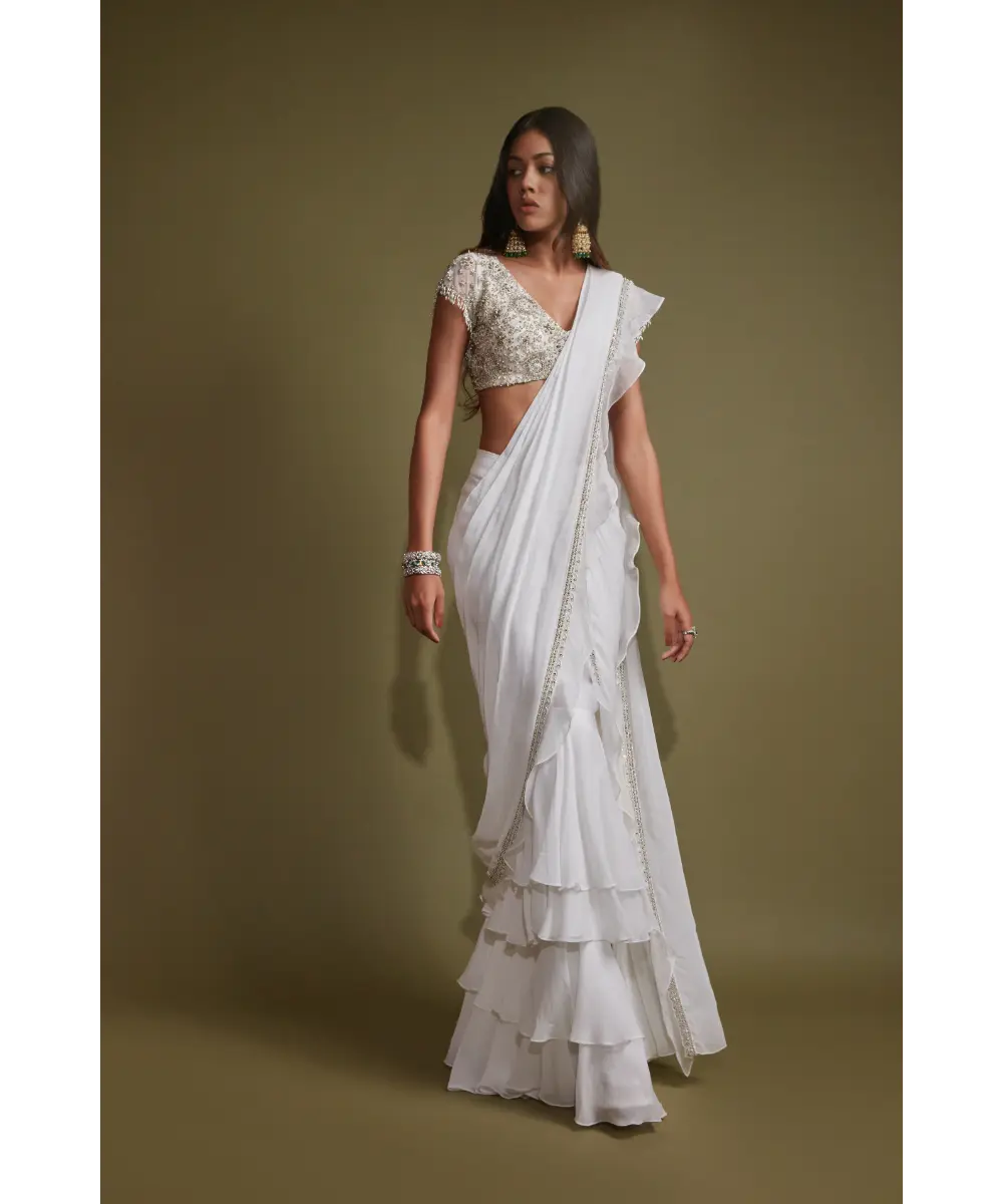 PRITIKA VORA - White layered saree with cap sleeve blouse