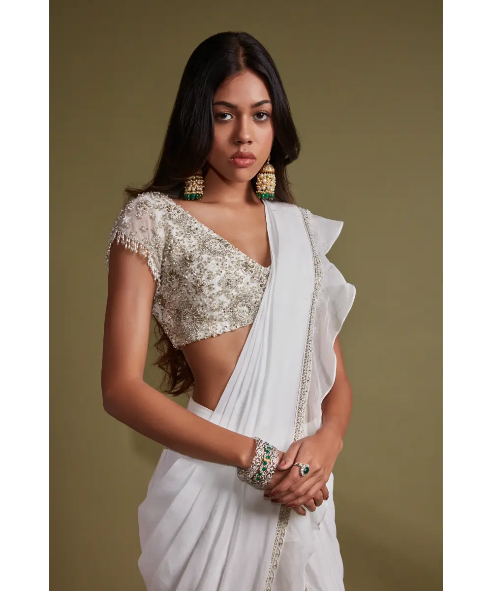 PRITIKA VORA - White layered saree with cap sleeve blouse