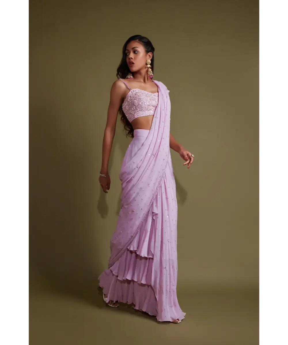 PRITIKA VORA - Lavender layered embroidered saree set