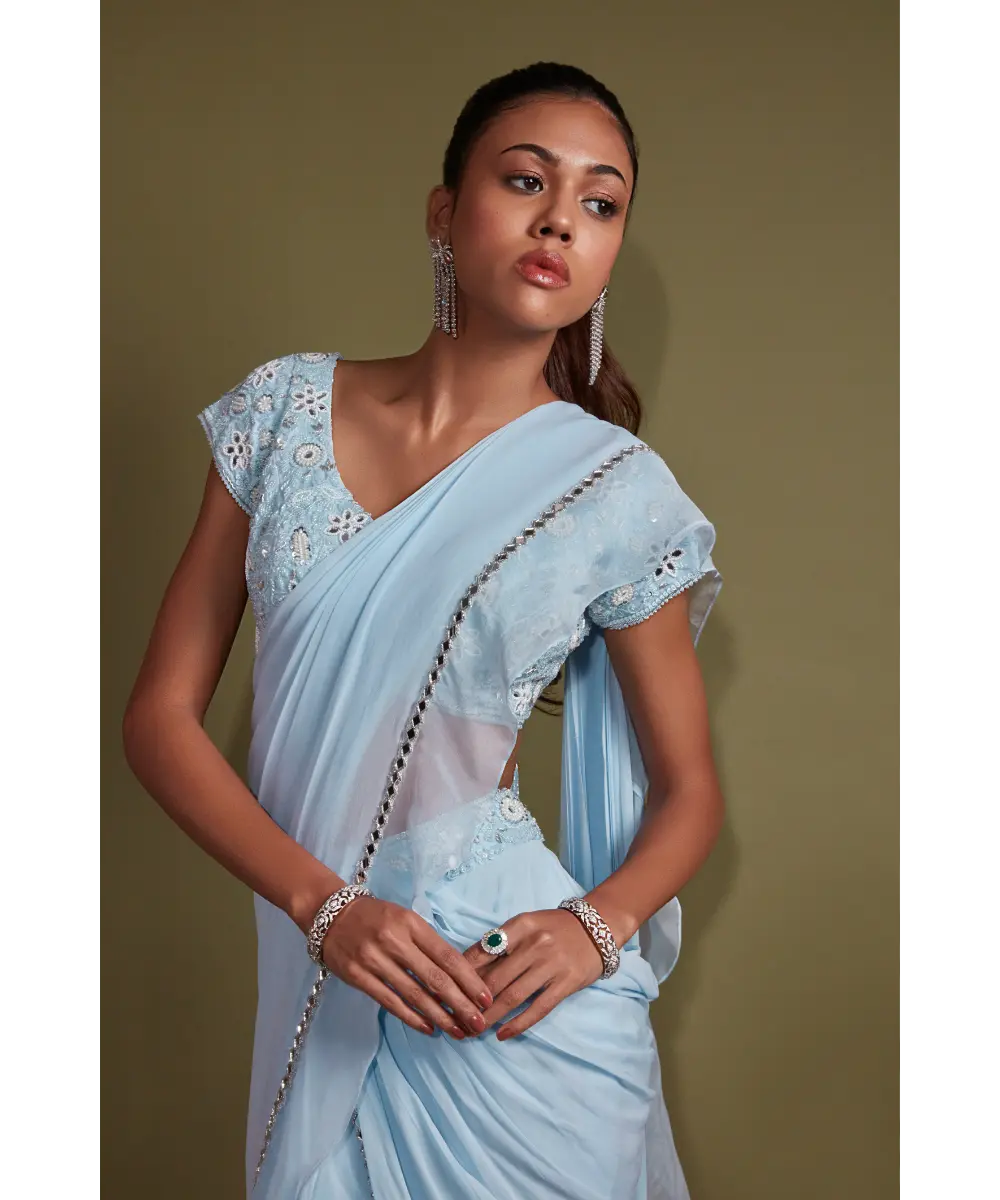 PRITIKA VORA - Sky Blue Mirror Work Saree Set