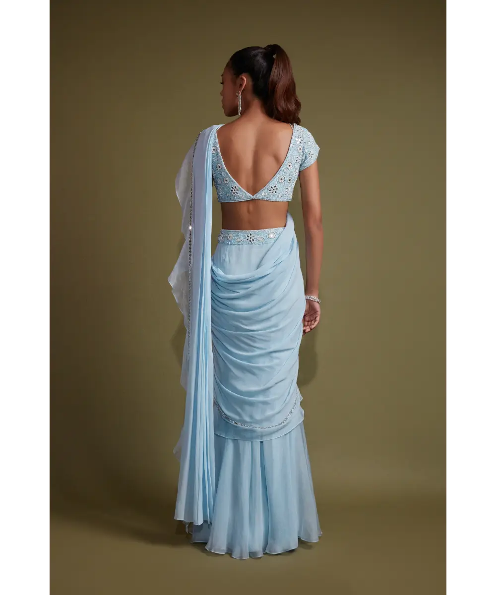 PRITIKA VORA - Sky Blue Mirror Work Saree Set