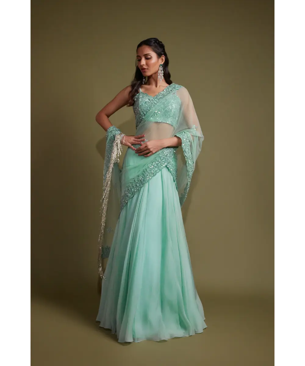 PRITIKA VORA - Mint draped lehenga set