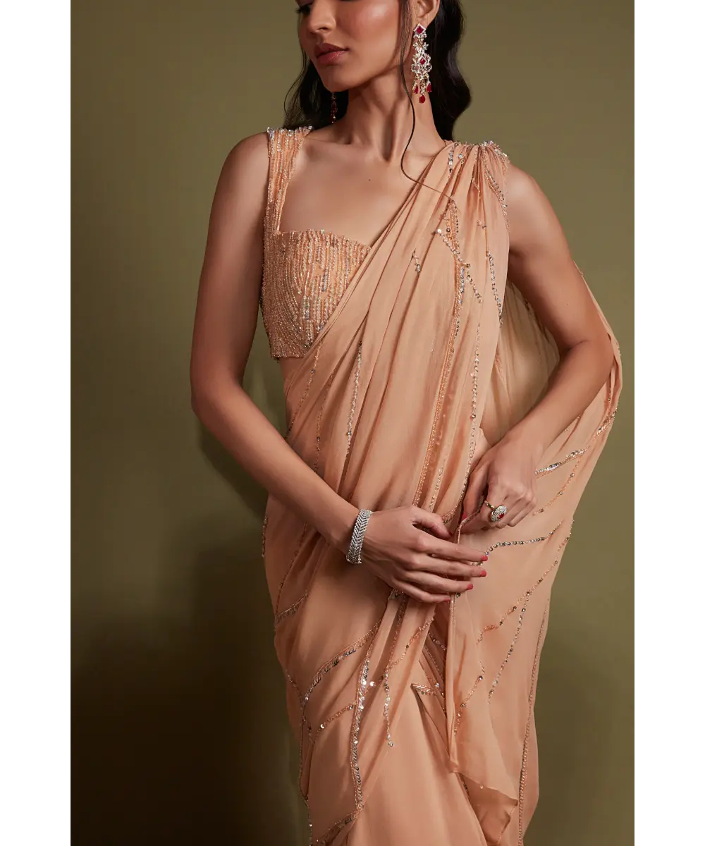 PRITIKA VORA - Rose beige and silver ruffle saree set