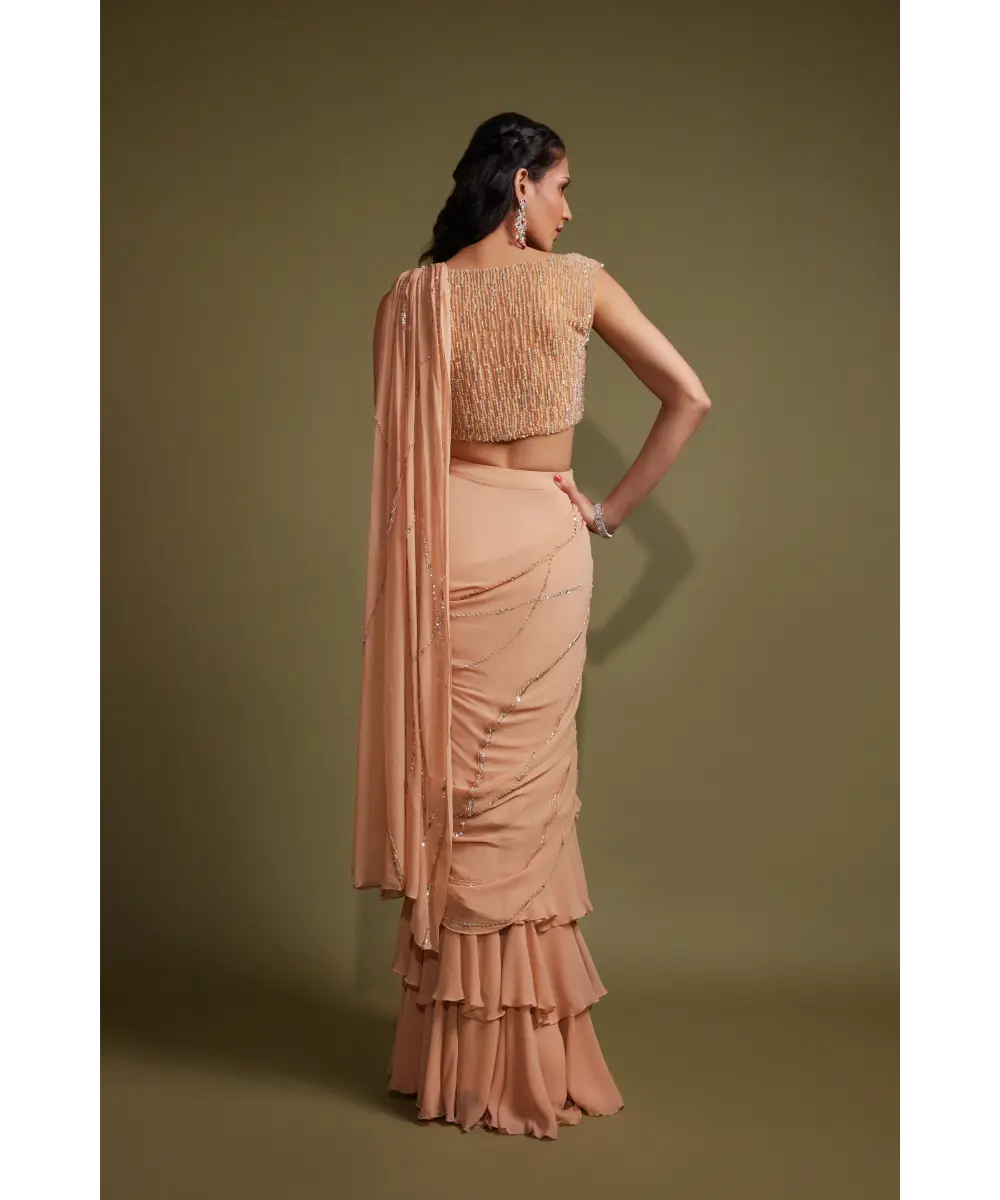 PRITIKA VORA - Rose beige and silver ruffle saree set