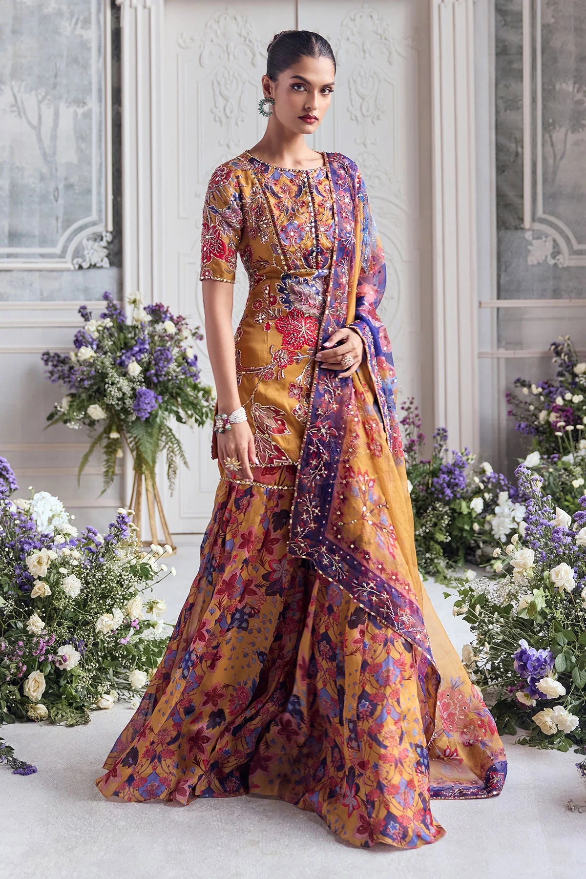 EMNROIDERED KURTA PAIRED WITH DUPATTA AND FLORAL SHARARA - RAESHA