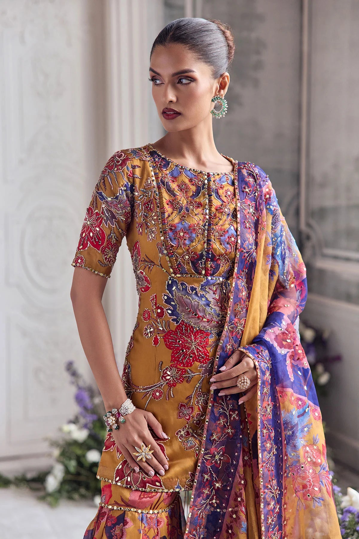 EMNROIDERED KURTA PAIRED WITH DUPATTA AND FLORAL SHARARA - RAESHA