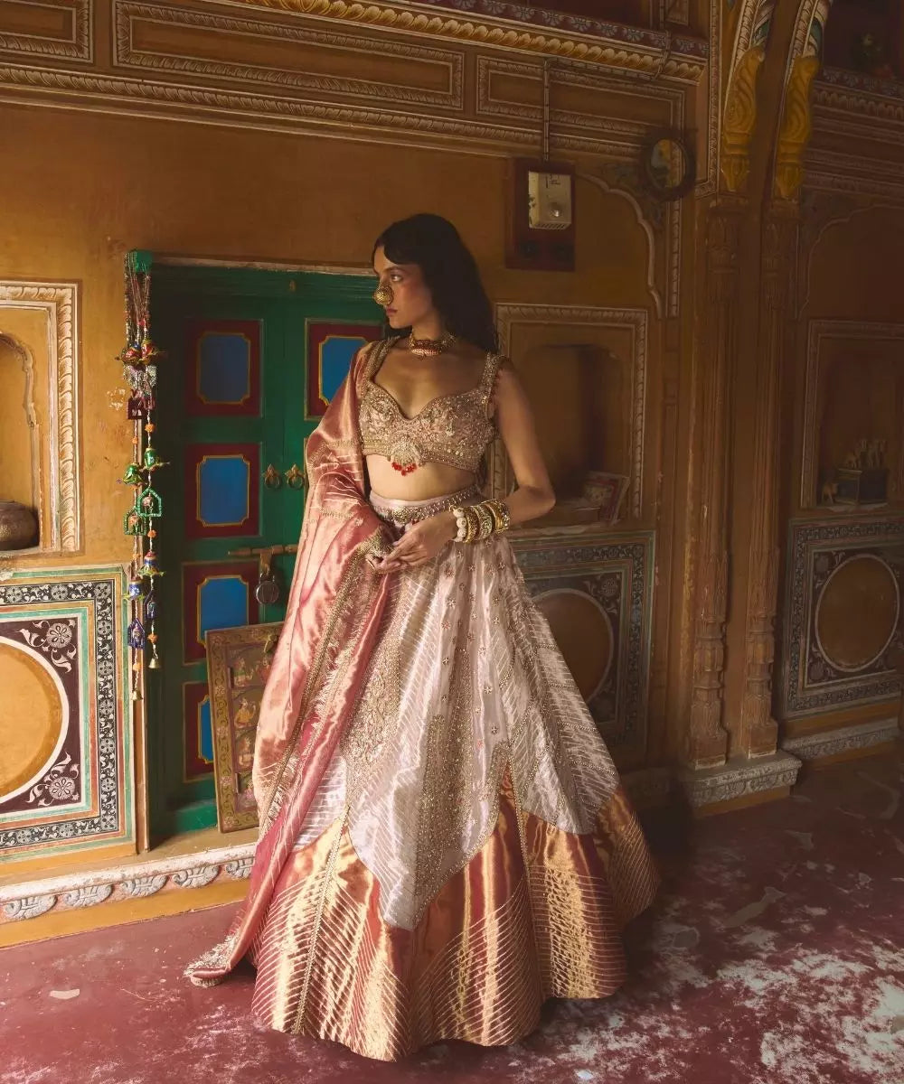 Aditi Gupta - Rose Gold pure zari tissue with rose pink tissue dupatta Lehenga Set