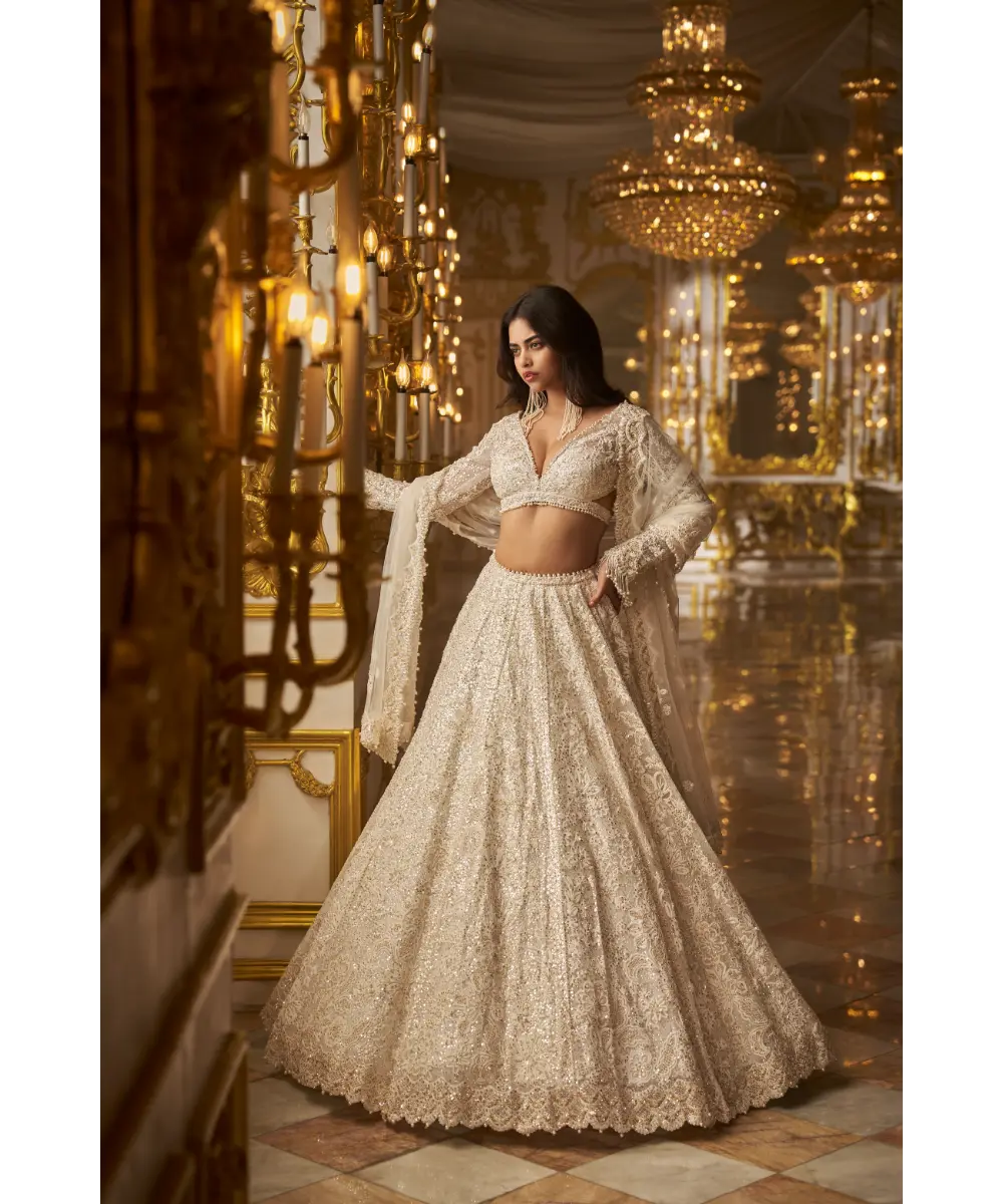 SEEMA GUJRAL- Ivory Gold Floral Lehenga Set
