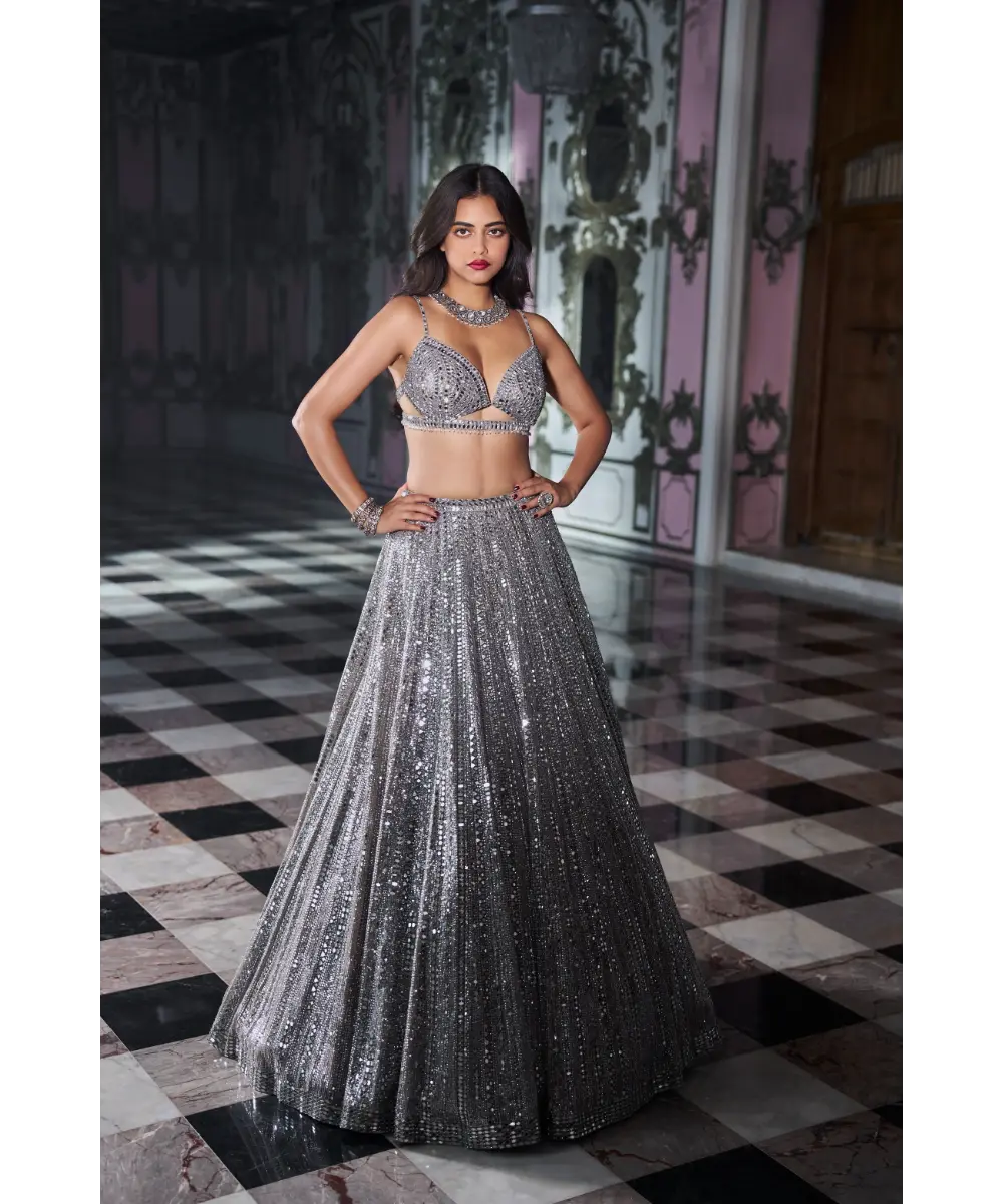 SEEMA GUJRAL- Antique Silver Miror Work Lehenga Set