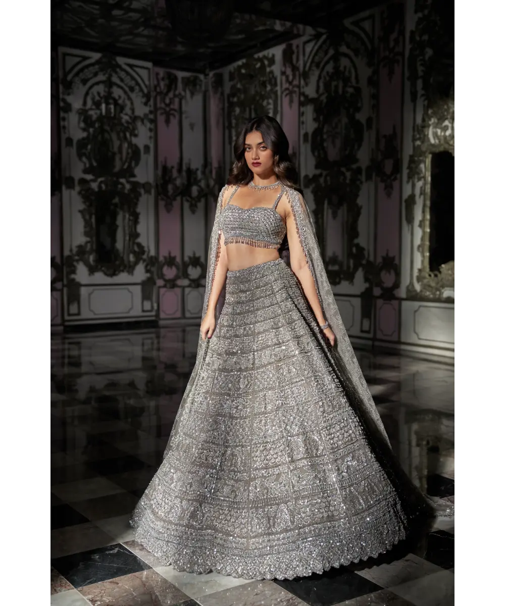 SEEMA GUJRAL- Antique Silver Lehenga Set