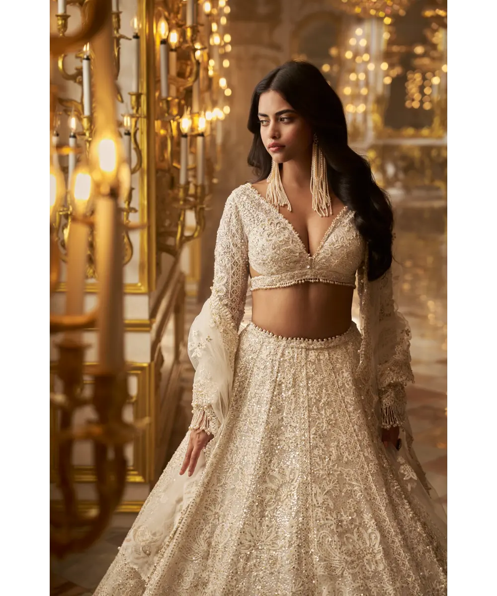 SEEMA GUJRAL- Ivory Gold Floral Lehenga Set