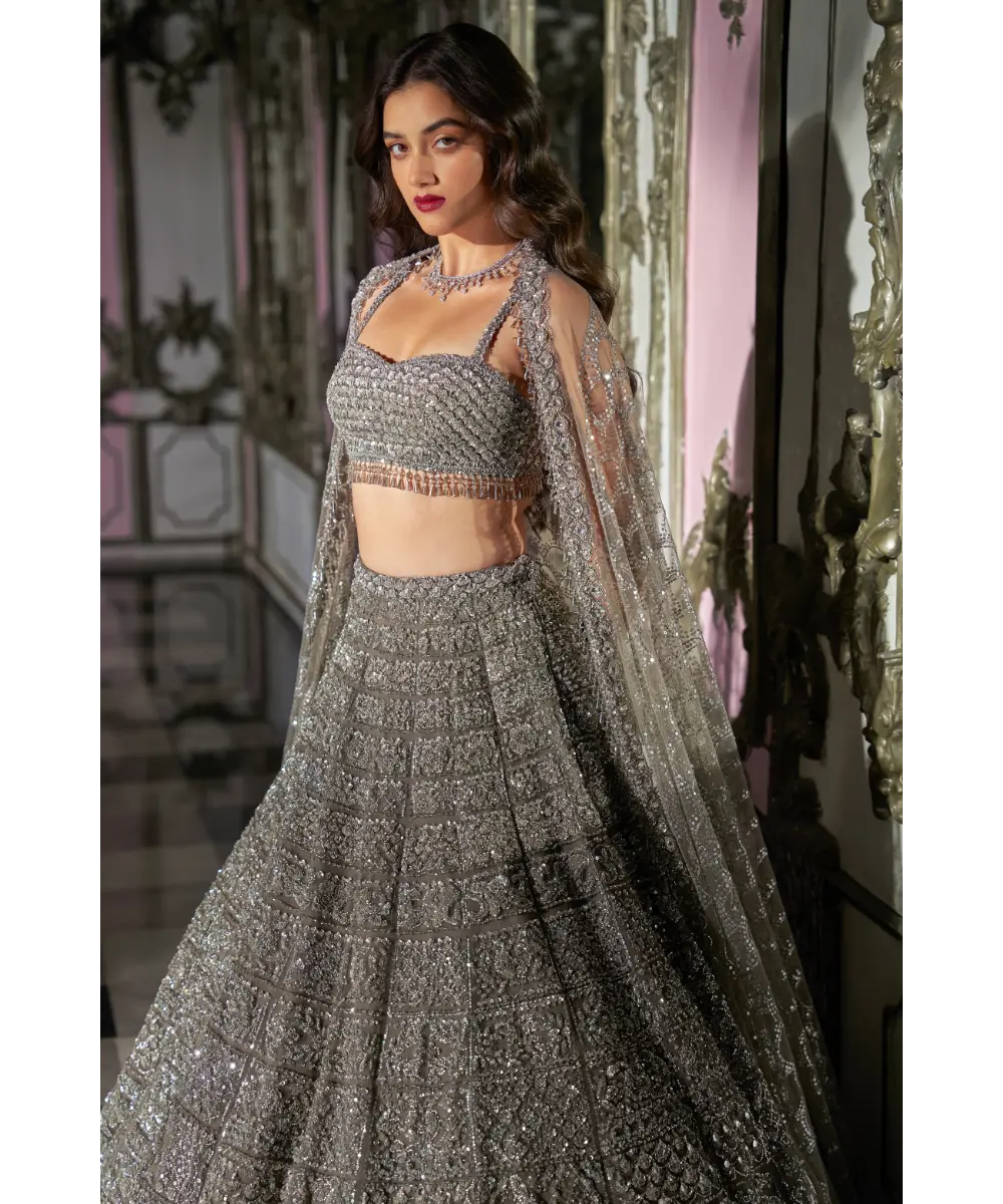 SEEMA GUJRAL- Dark Grey Sequin Lehenga Set