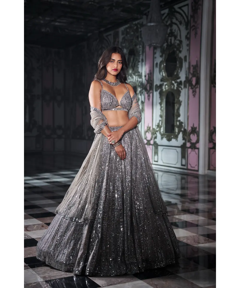 SEEMA GUJRAL- Antique Silver Miror Work Lehenga Set