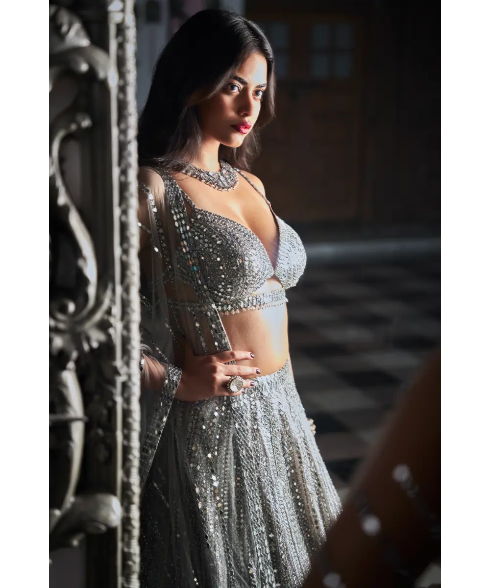 SEEMA GUJRAL- Antique Silver Miror Work Lehenga Set