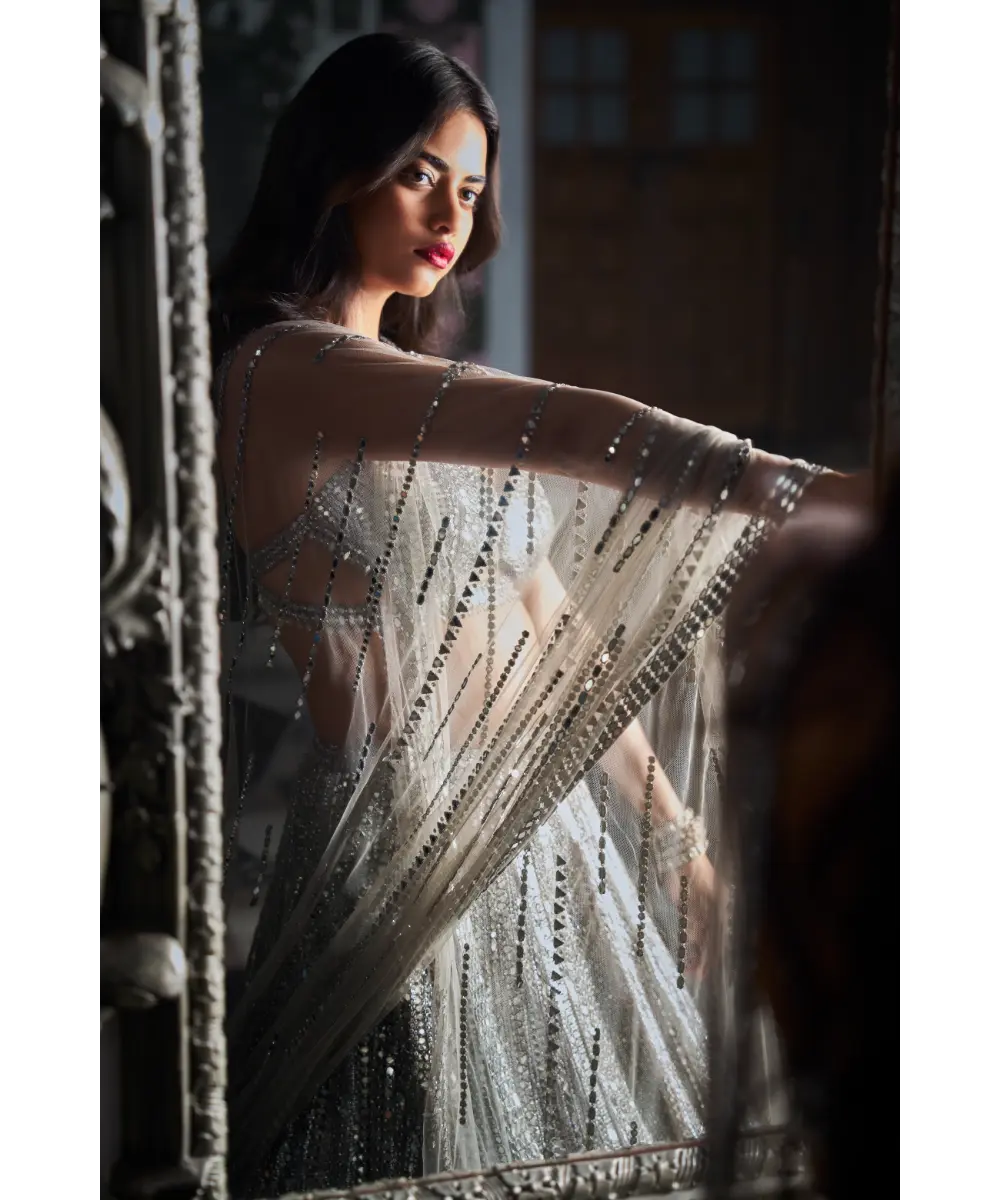 SEEMA GUJRAL- Antique Silver Miror Work Lehenga Set