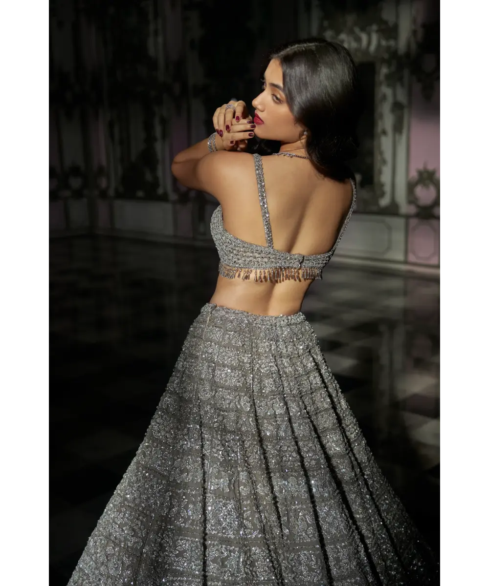 SEEMA GUJRAL- Dark Grey Sequin Lehenga Set