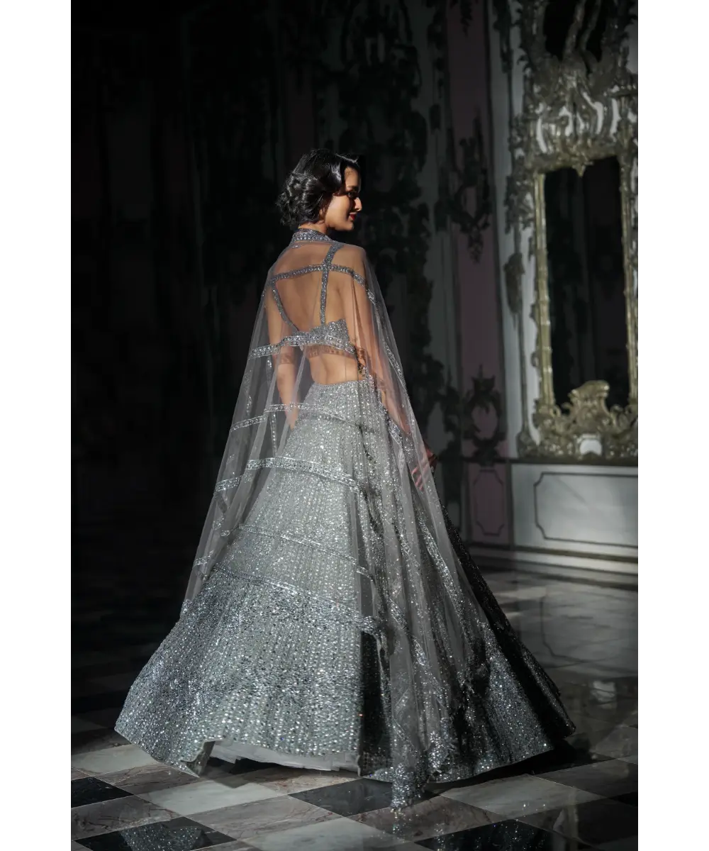 SEEMA GUJRAL- Dark Grey Sequin Lehenga Set