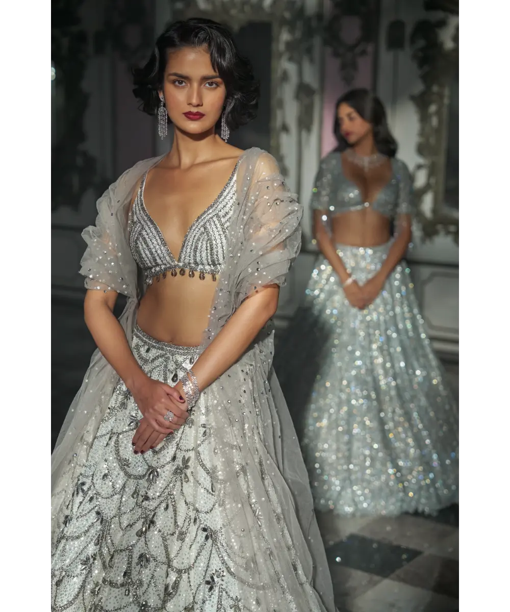 SEEMA GUJRAL- White Chandelier Lehnega Set