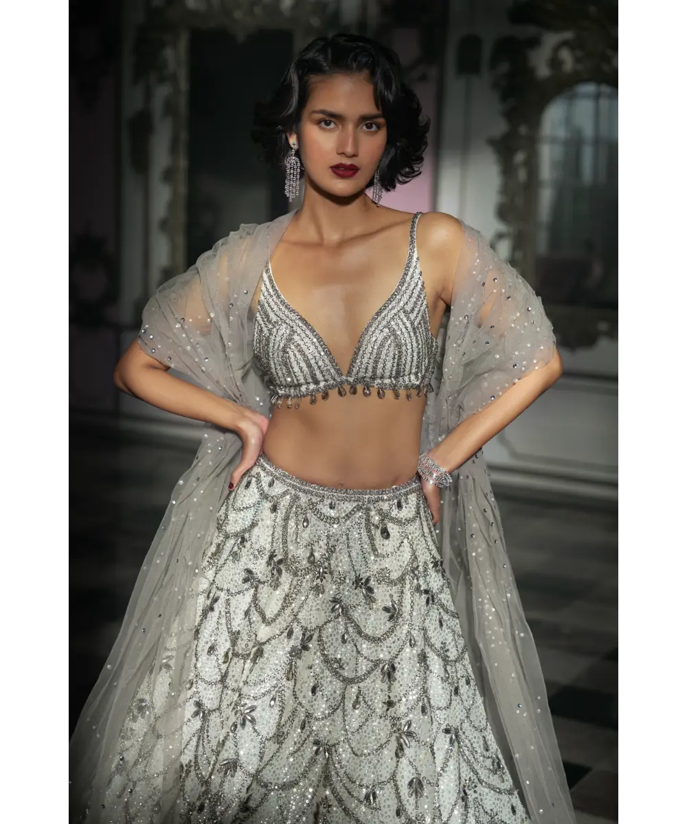 SEEMA GUJRAL- White Chandelier Lehnega Set