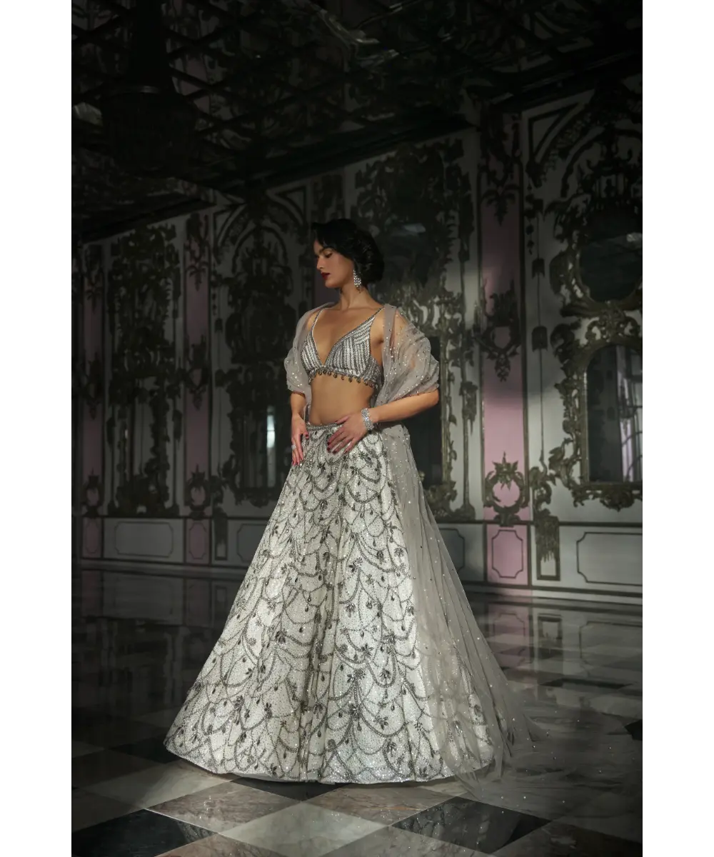 SEEMA GUJRAL- White Chandelier Lehnega Set