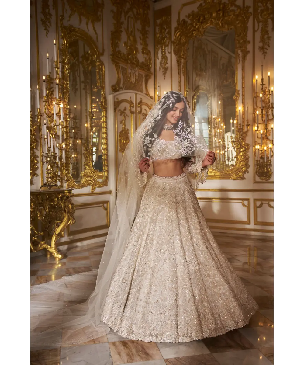 SEEMA GUJRAL- Ivory Floral Lehenga Set