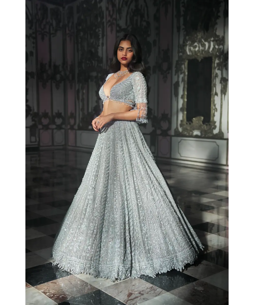 SEEMA GUJRAL- Light Grey Sequin Lehenega Set