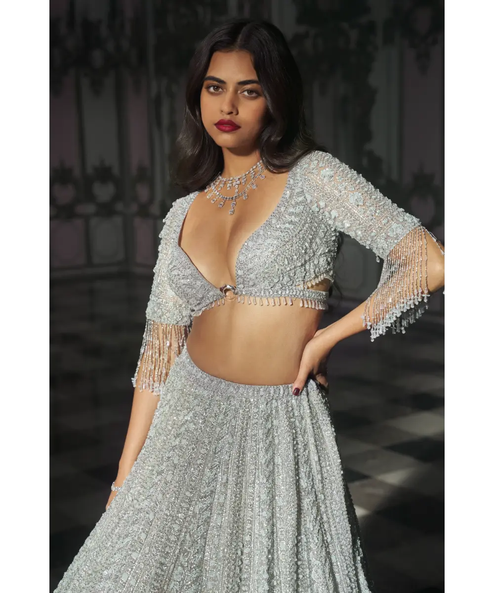 SEEMA GUJRAL- Light Grey Sequin Lehenega Set