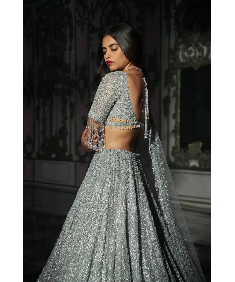 SEEMA GUJRAL- Light Grey Sequin Lehenega Set