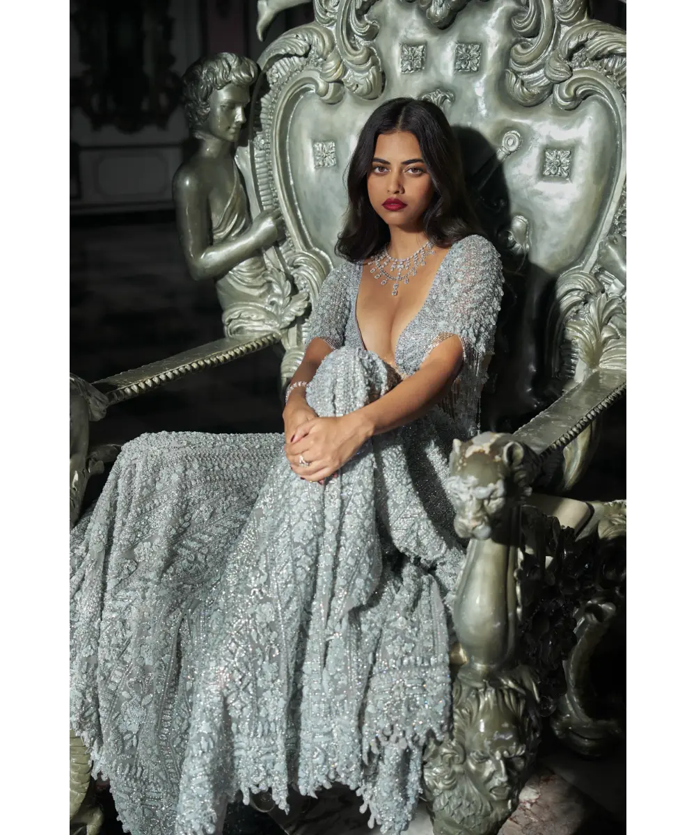 SEEMA GUJRAL- Light Grey Sequin Lehenega Set