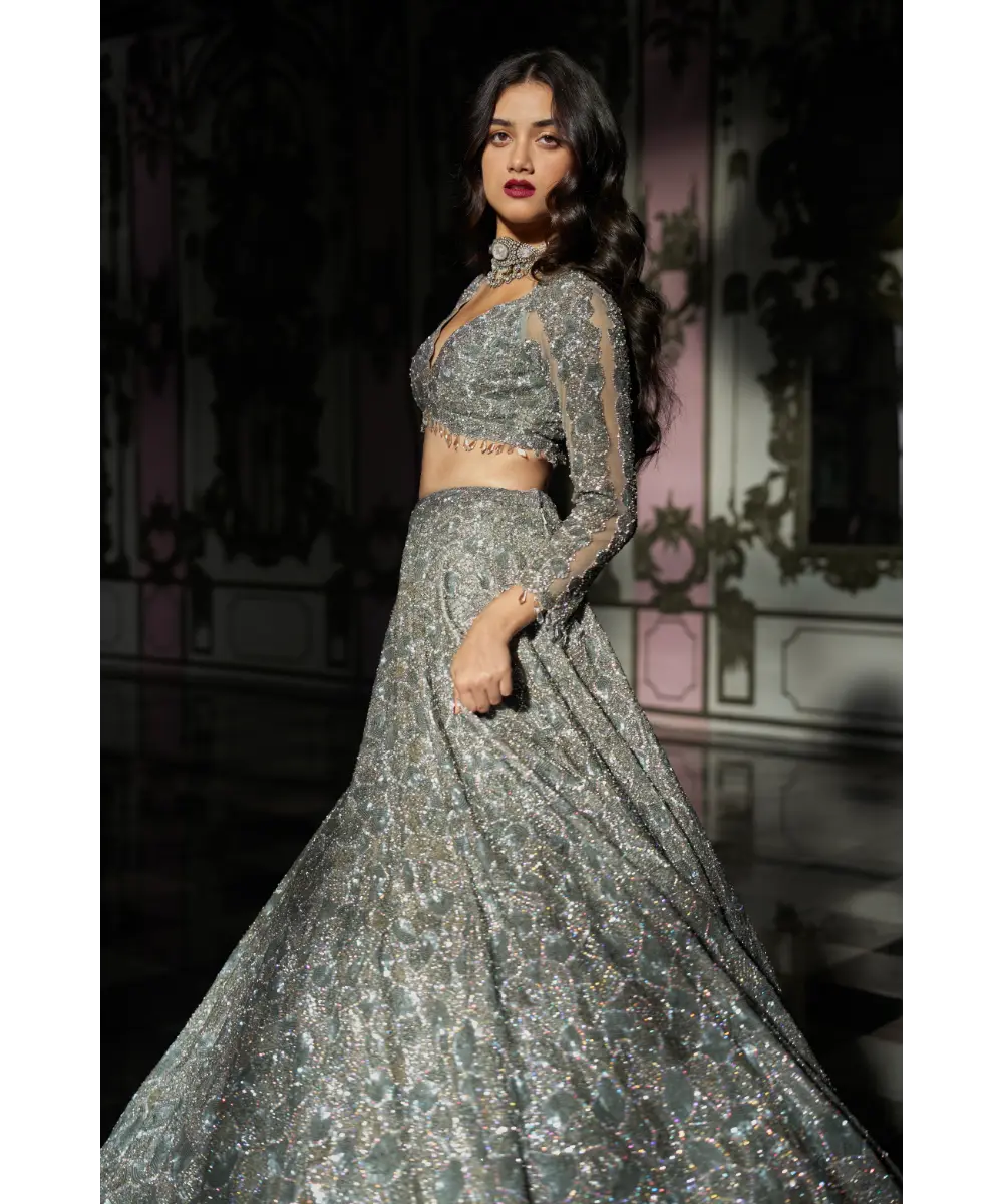SEEMA GUJRAL- Silver Abstract Lehenga Set