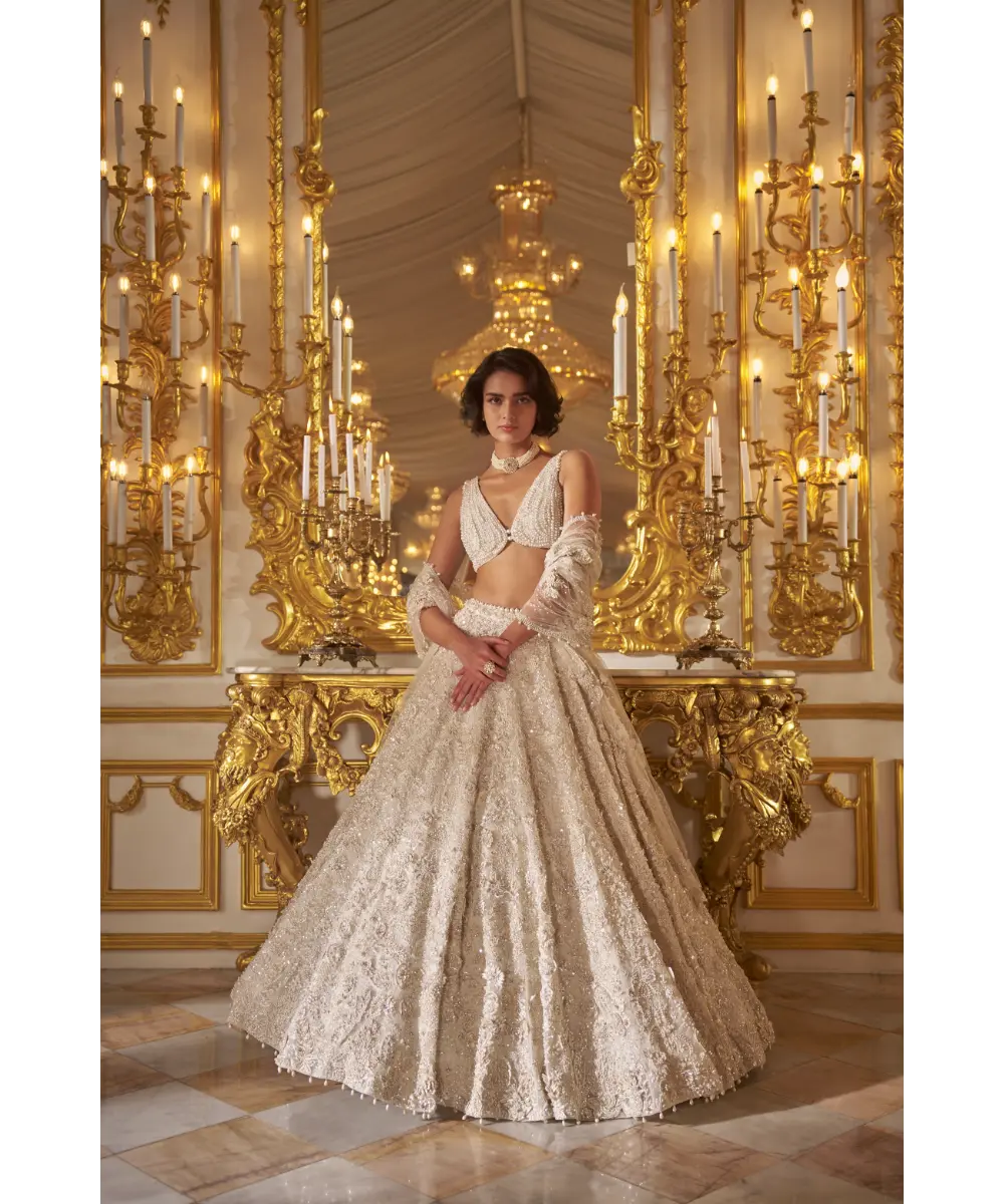 SEEMA GUJRAL- Ivory Three-Dimensional Lehenga Set