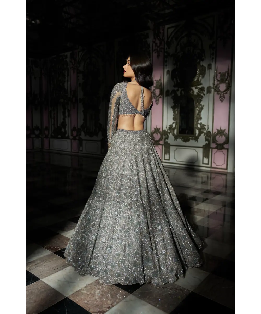 SEEMA GUJRAL- Silver Abstract Lehenga Set