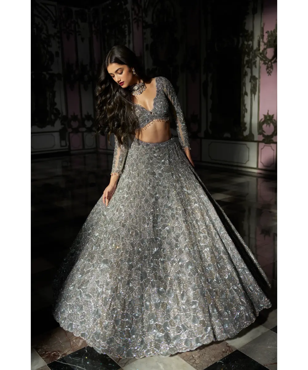 SEEMA GUJRAL- Silver Abstract Lehenga Set