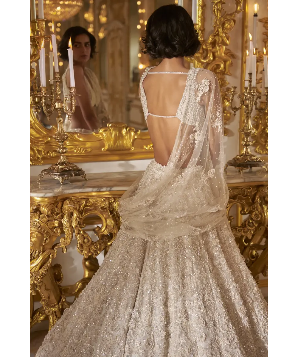 SEEMA GUJRAL- Ivory Three-Dimensional Lehenga Set