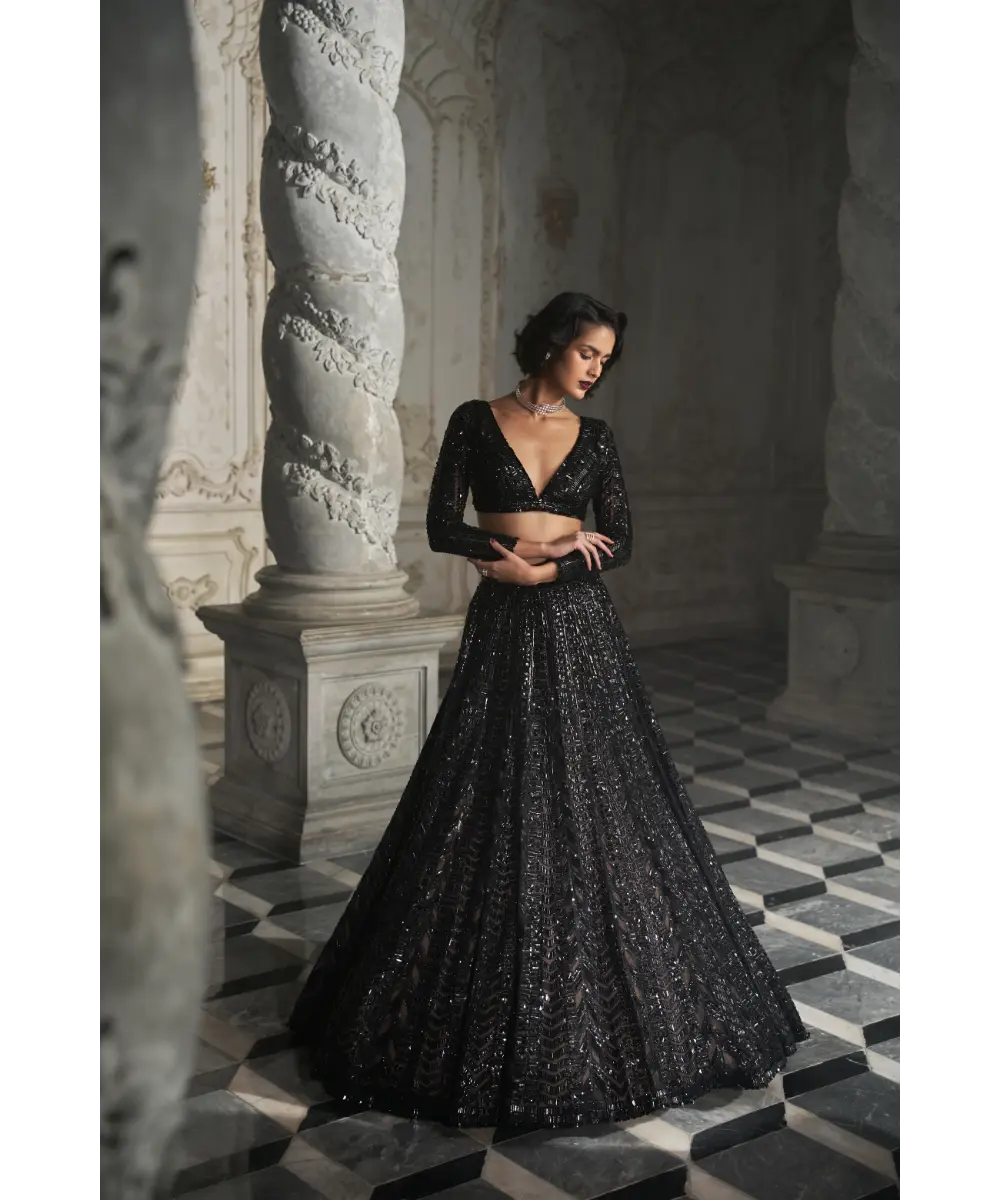 SEEMA GUJRAL- Black Sequin Lehenga Set