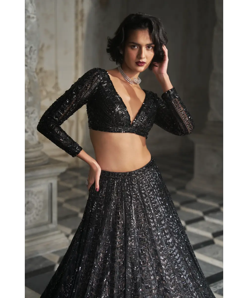 SEEMA GUJRAL- Black Sequin Lehenga Set