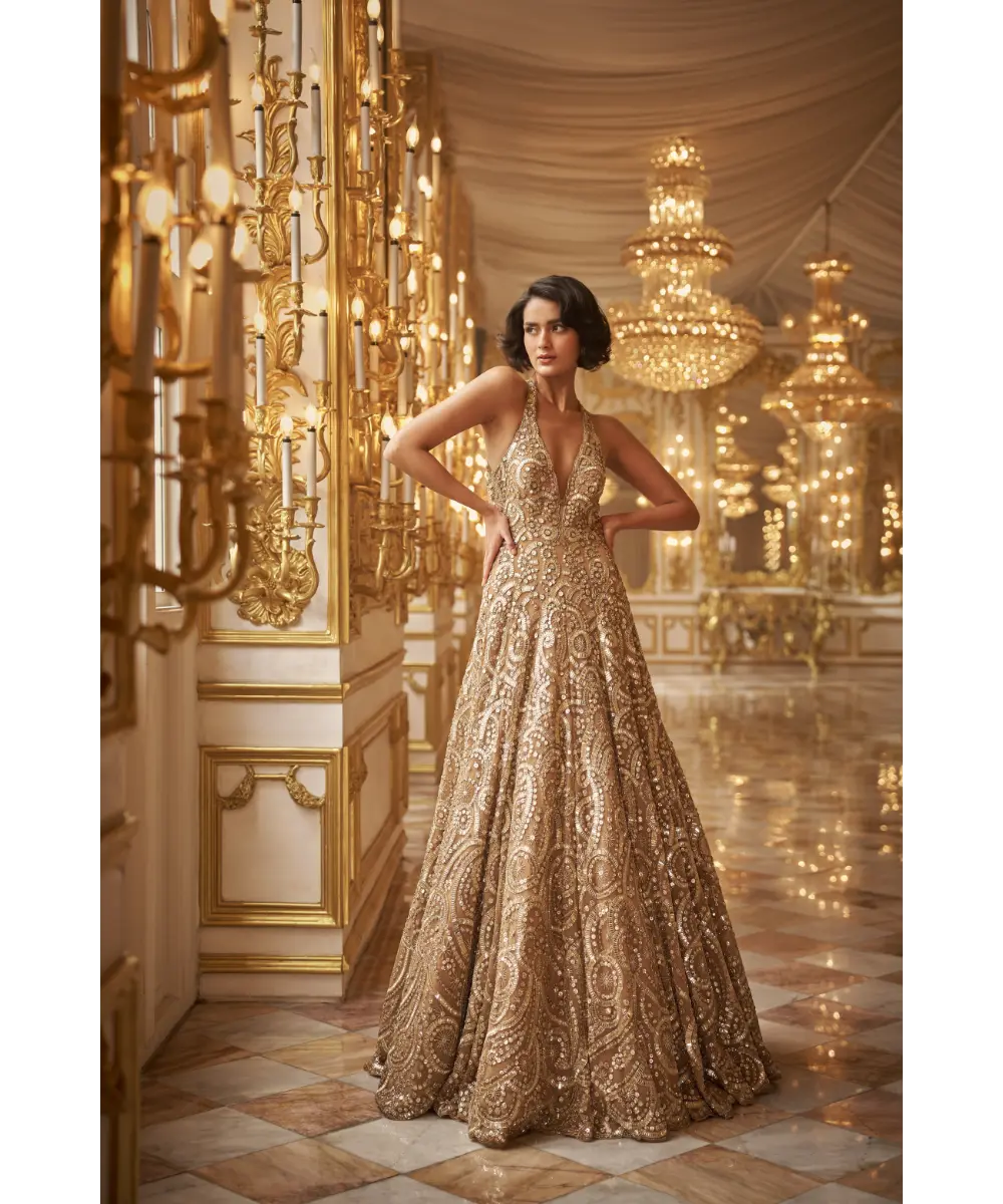SEEMA GUJRAL- Gold Sequin Gown