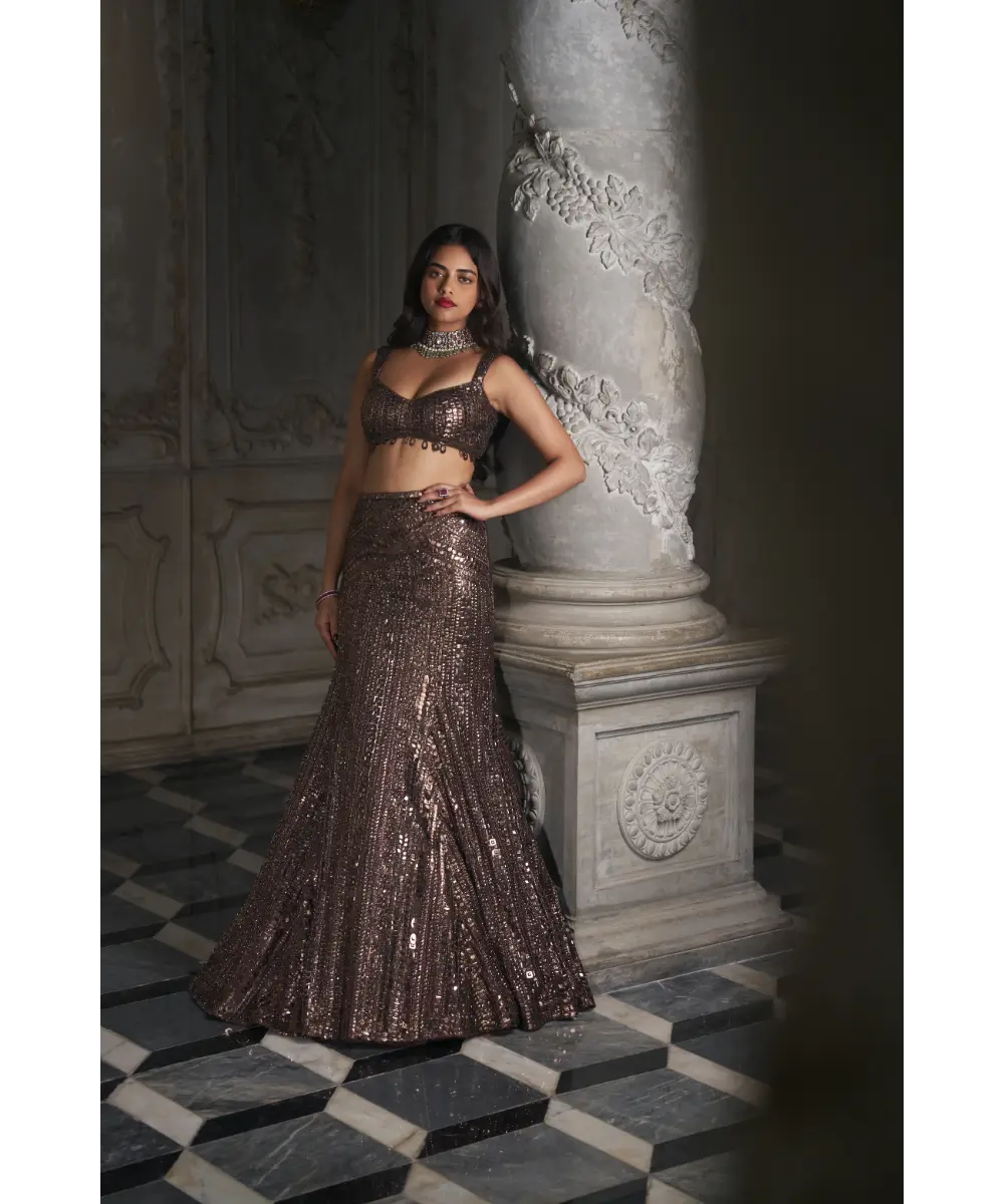 SEEMA GUJRAL- Brown Sequin Skirt Set