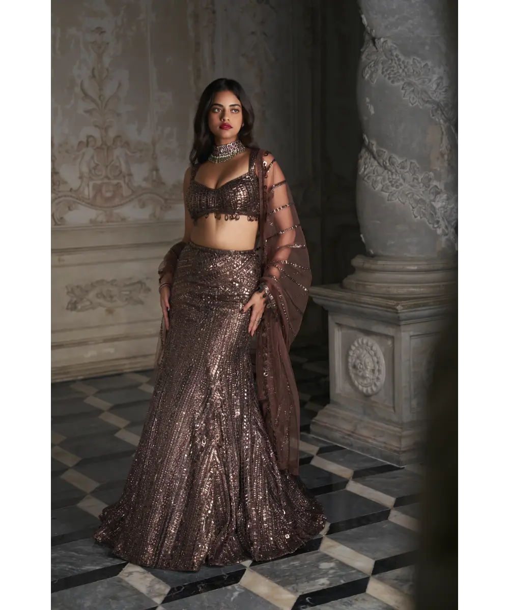 SEEMA GUJRAL- Brown Sequin Skirt Set